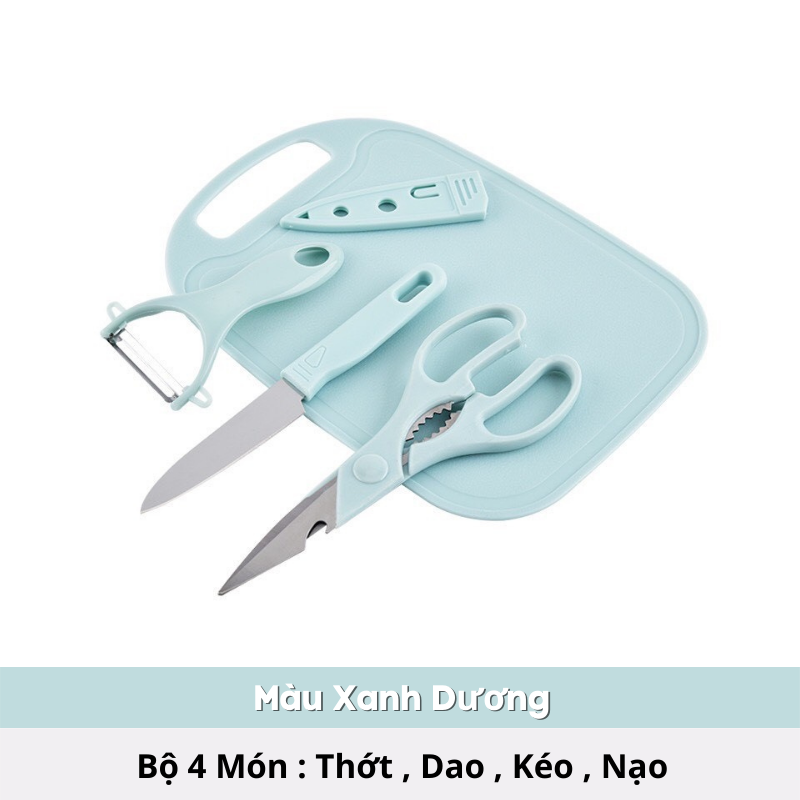 Bộ thớt dao kéo nạo 4 món chế biến đồ ăn dặm cho bé tập cắt xắt đồ ăn an toàn
