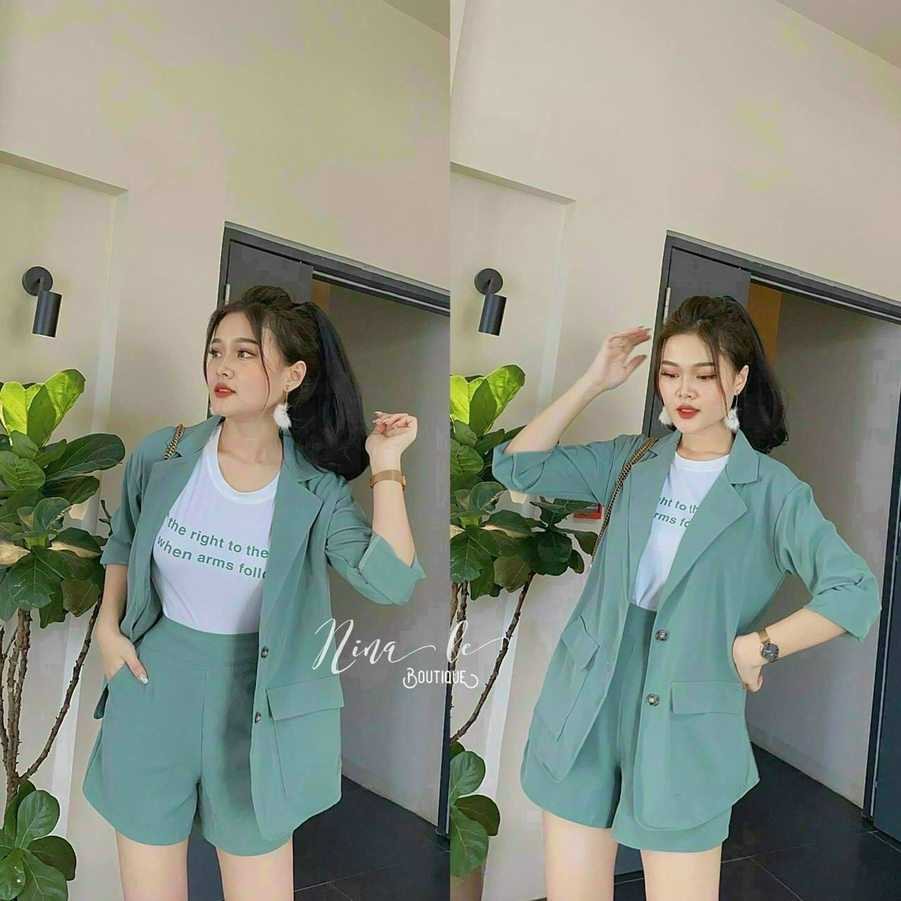 Set vest Hàn Quốc chất liệu cotton, set 3 món quần đùi phối áo thun, áo khoác vest tay ngắn, set nữ mặc đi chơi sang chảnh