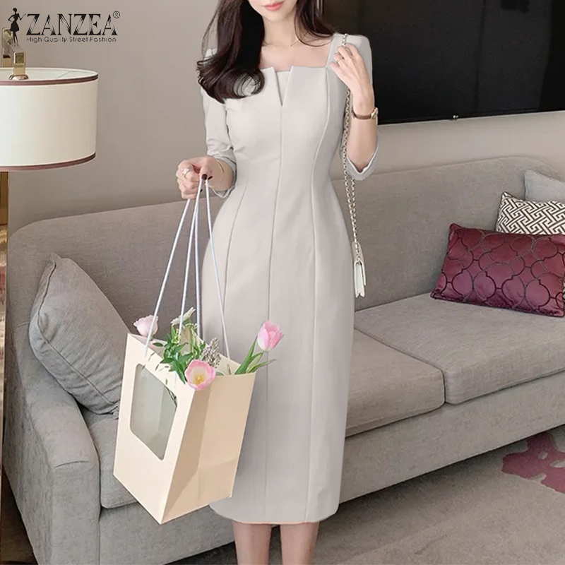 ZANZEA%20Korean%20Style%20Women's%20Dresses%20Elegant%20V-Neck%203/4%20Sleeve%20Plain%20Party%20Prom%20Midi%20Sundress%20-%20Image%203