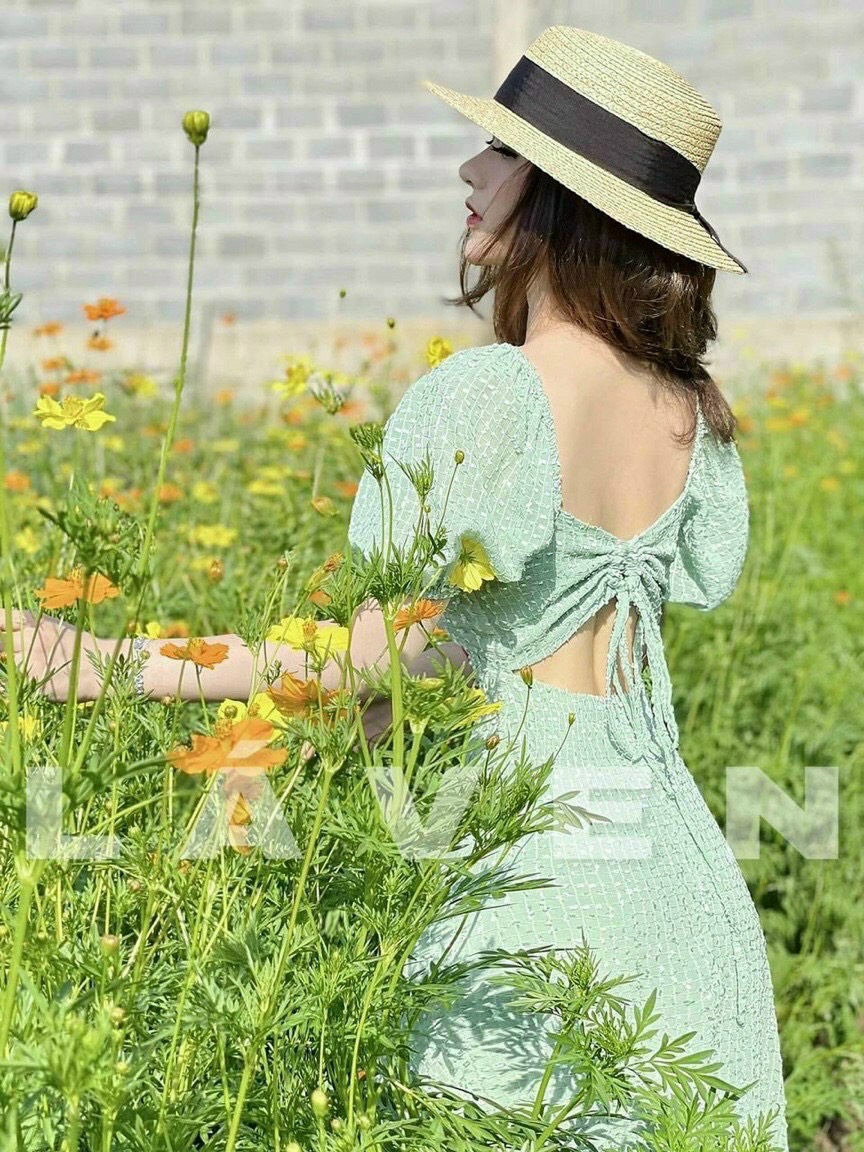 Đầm váy nữ cổ vuông tay búp cột nơ sau lưng chất vải dày mịn có size lựa chọn