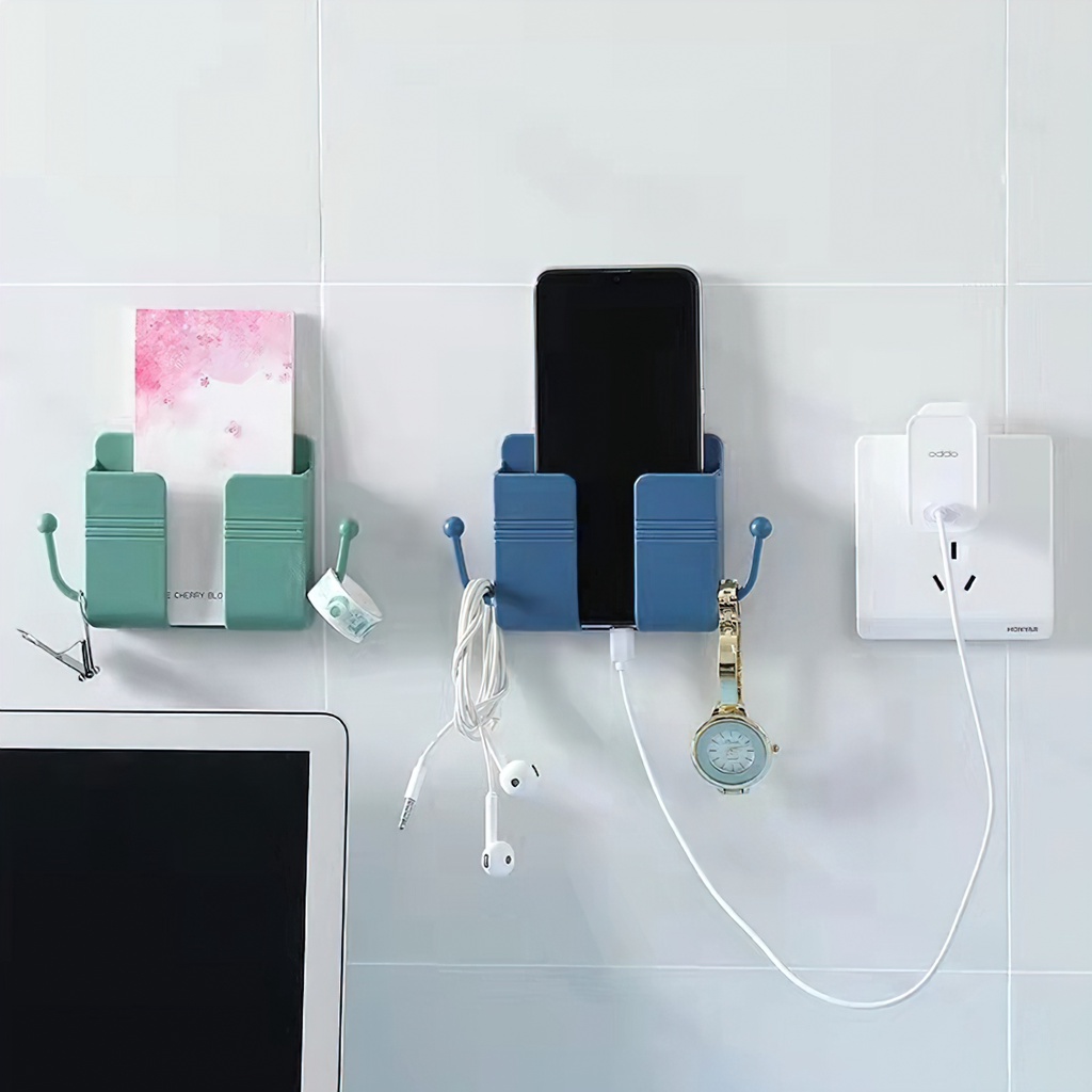 Giá Đỡ Dán Tường Để Sạc Điện Thoại, Remote, Ổ Cắm/ Kệ Đựng Đồ Dán Tường Kèm 2 Móc Treo Đồ -Lumbley