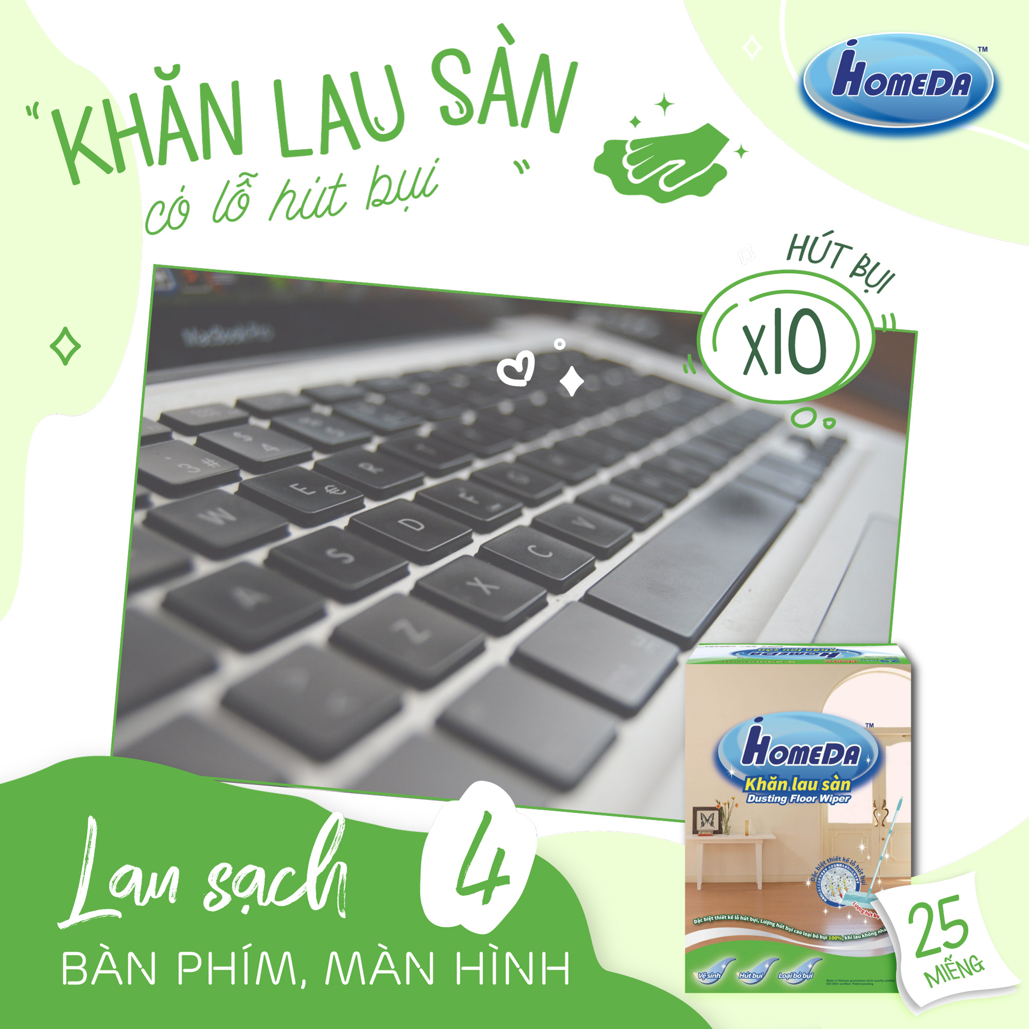 [MUA 4 TẶNG 1] Khăn Lau Sàn Hút Bụi iHomeDa (25 Khăn/ Hộp)