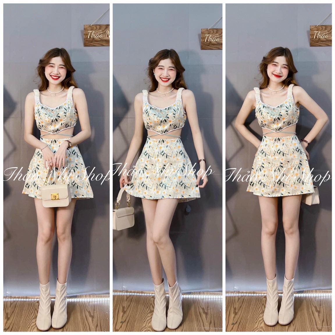SET ÁO HOA CROPTOP DÂY EO KÈM CHÂN VÁY