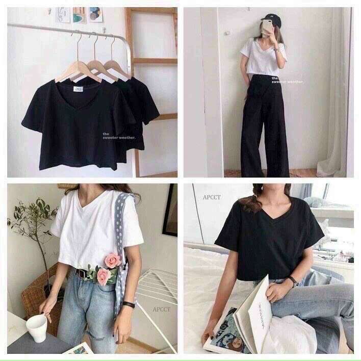 ÁO THUN TRƠN CROPTOP GIẤY CỔ TIM FORM CROPTOP