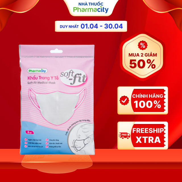 Khẩu trang y tế Pharmacity Soft-fit màu trắng (Gói 5 cái)