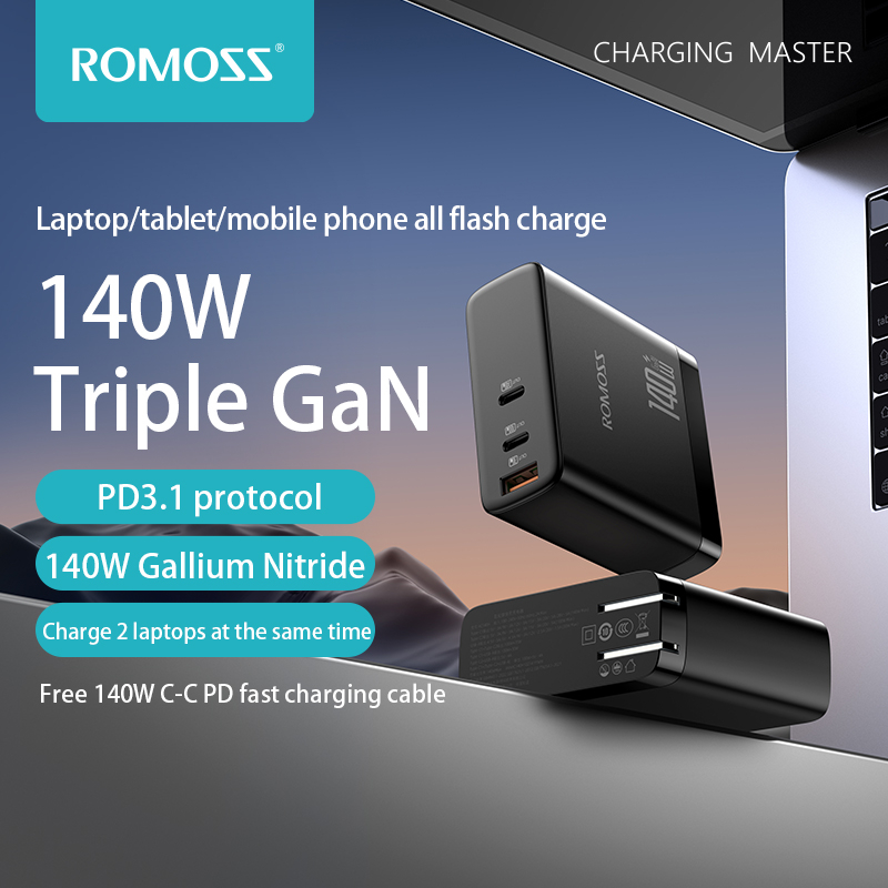 ROMOSS AC140H Three Port Adapter 140W Fast Charge Dual Type-C And USB