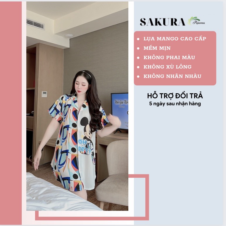 Váy sơ mi suông dáng dài thiết kế cute lụa ngủ cao cấp SAKURA