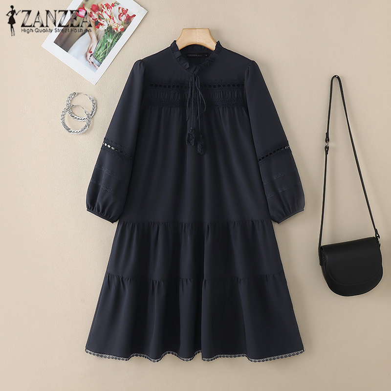 ZANZEA%20Women%20Vacation%20O%20Neck%20Tassel%20Lace%20Up%20A-Line%20Dress%20Lace%20Splicing%203/4%20Lantern%20Sleeve%20Solid%20Midi%20Dresses%20-%20Image%205