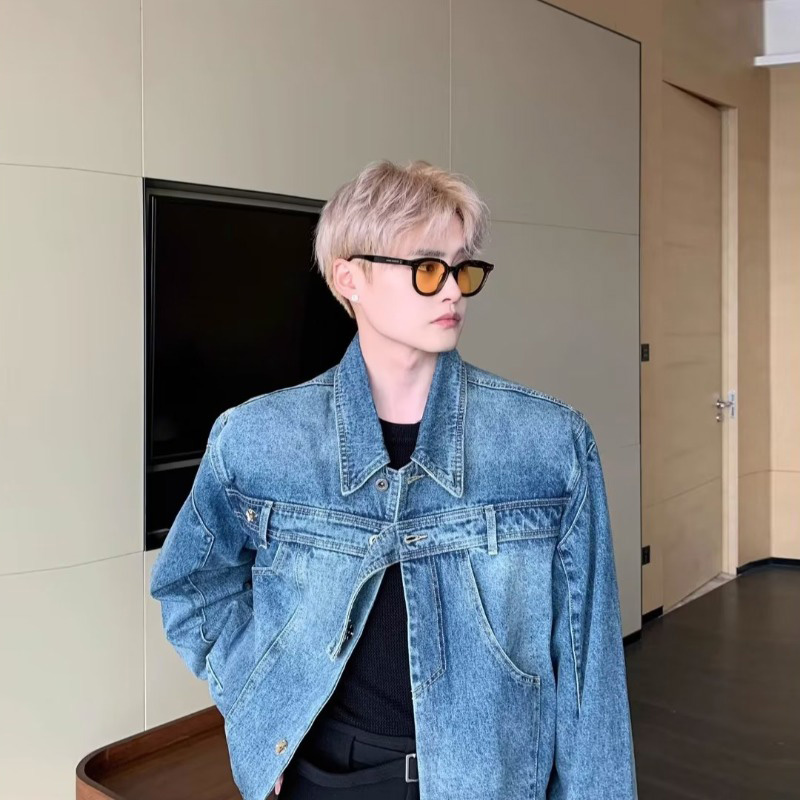 MOLAN Men's fashionable denim jacket lapel jacket handsome motorcycle jacket