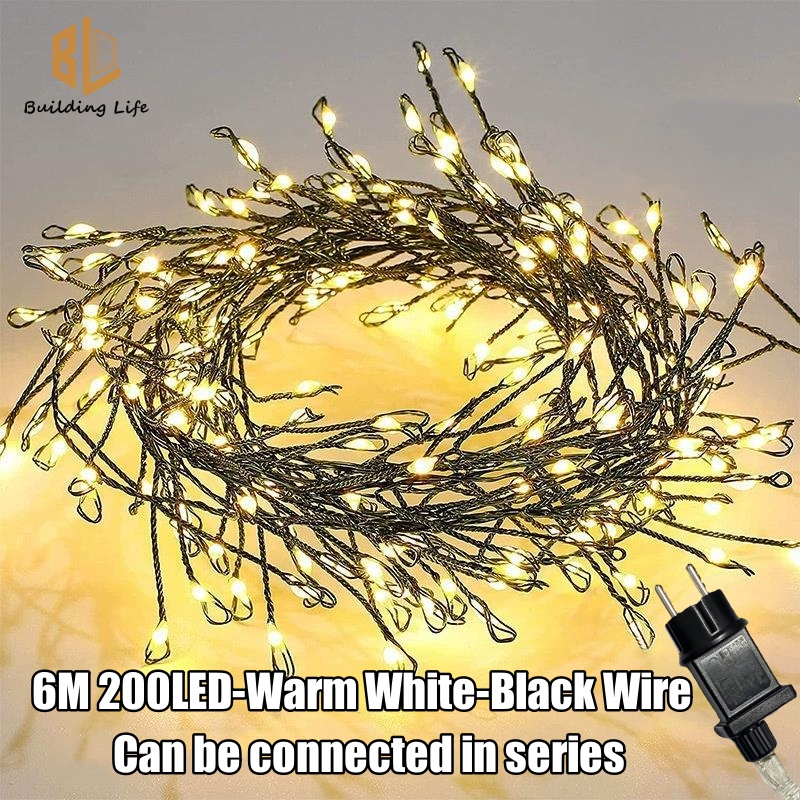 6m 200 LED Copper Wire Light Plug in Firecracker Light String Black Wire Warm White Light Romantic Christmas Holiday Decorative Light 24V Connection Connected in Series