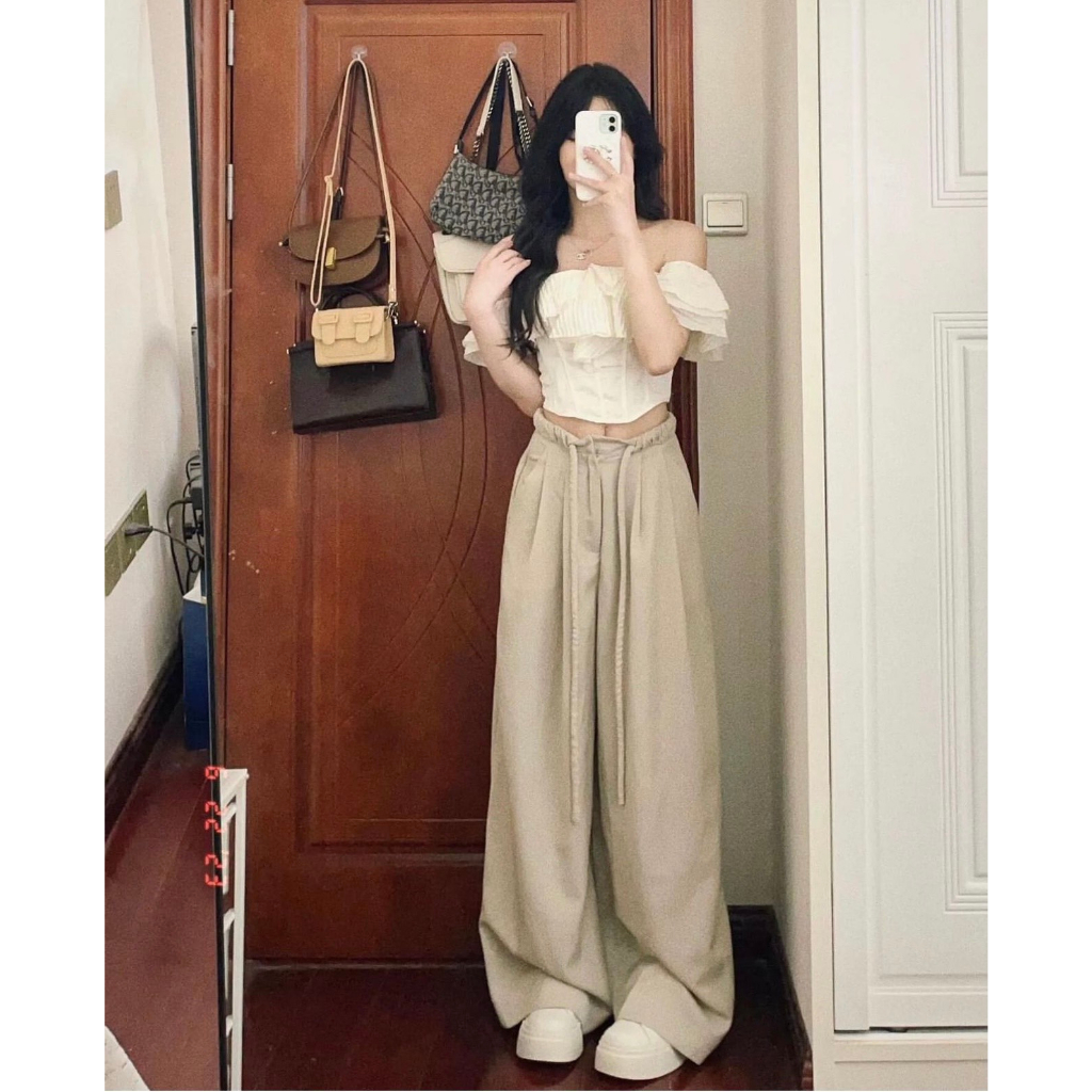 Set áo croptop kem tầng bẹt vai bèo + quần suông kem rút dây lưng
