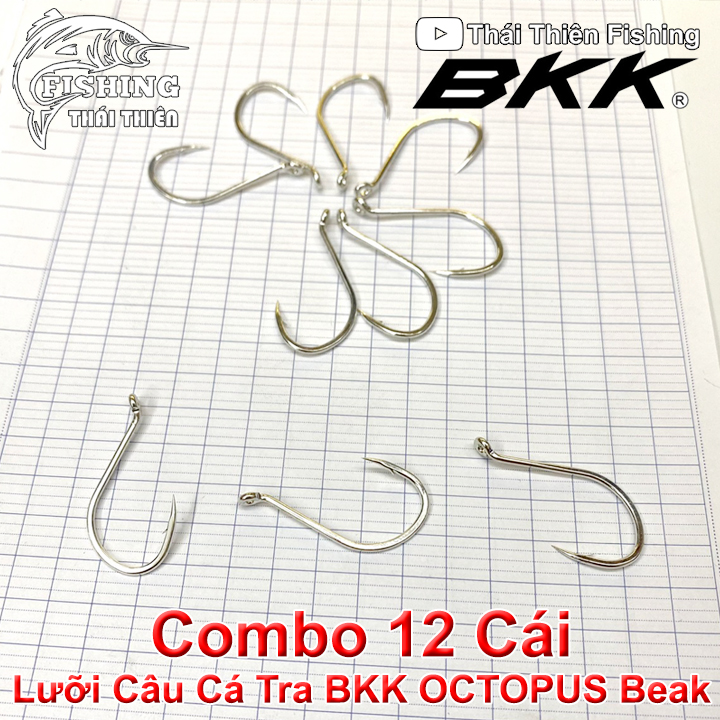 Lưỡi Câu Cá Tra BKK Octopus Beak Thép Trắng Có Ngạnh Xỏ Lỗ Dùng Câu Sông, Hồ, Biển Cá Lớn, Cá Tra Giải Vỉ 12 Lưỡi
