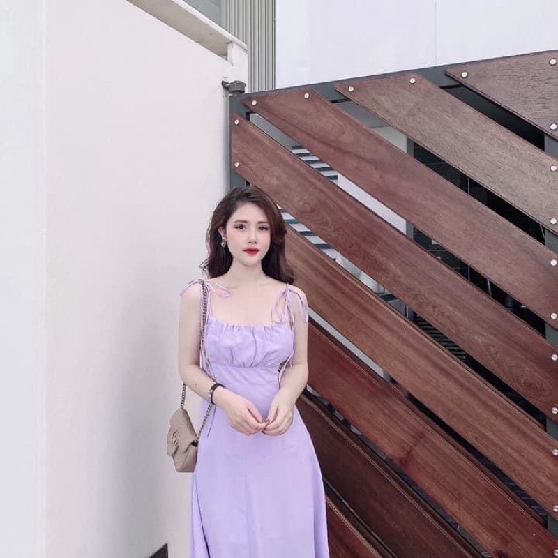 Đầm tím 2 dây cột nơ