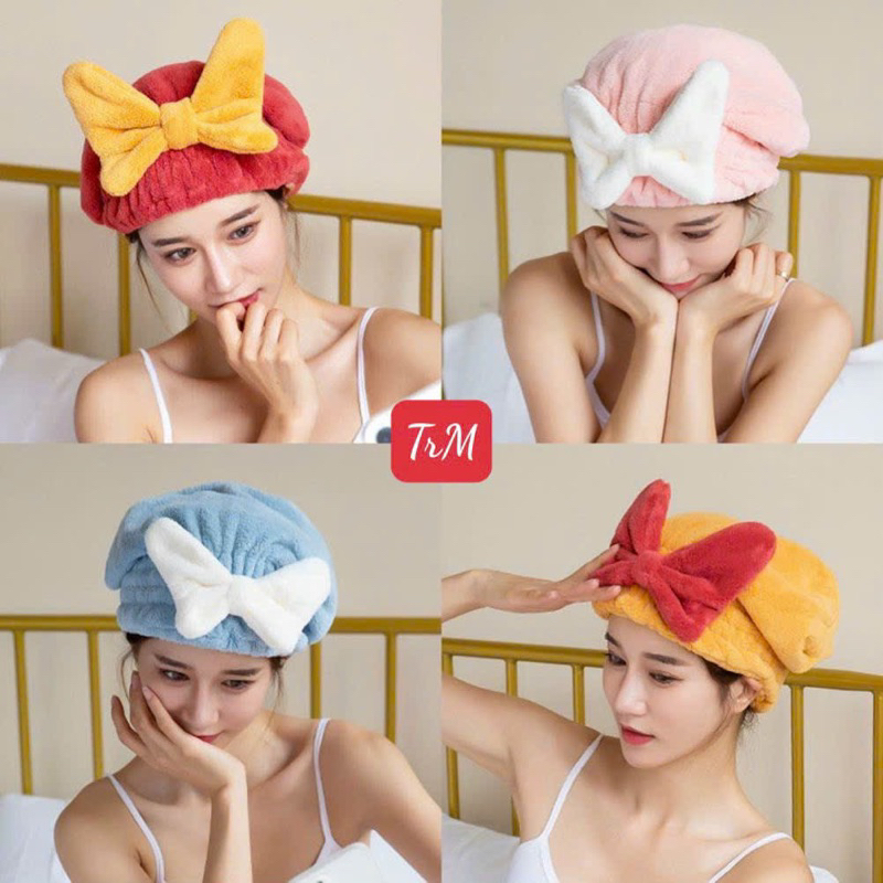(Khăn ủ tóc) Mũ Ủ Khô Tóc Hình Nơ Siêu Thấm Hút 123