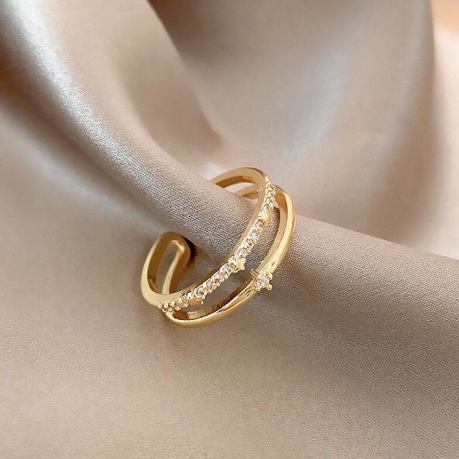Korean Style Women Gold Titanium Steel Diamond Zircon Engagement Wedding Rings Adjustable Size