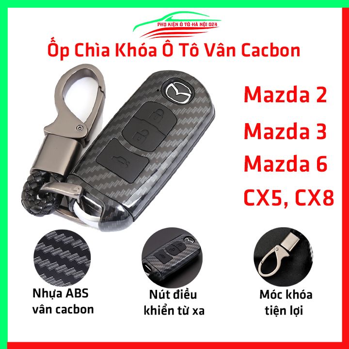 Ốp chìa khóa ô tô cacbon Mazda 2, 3, 6, CX5, CX8, vỏ bọc khóa theo xe có kèm móc khóa inox cao cấp, lớp silicon chống nước bảo vệ chìa bền đẹp