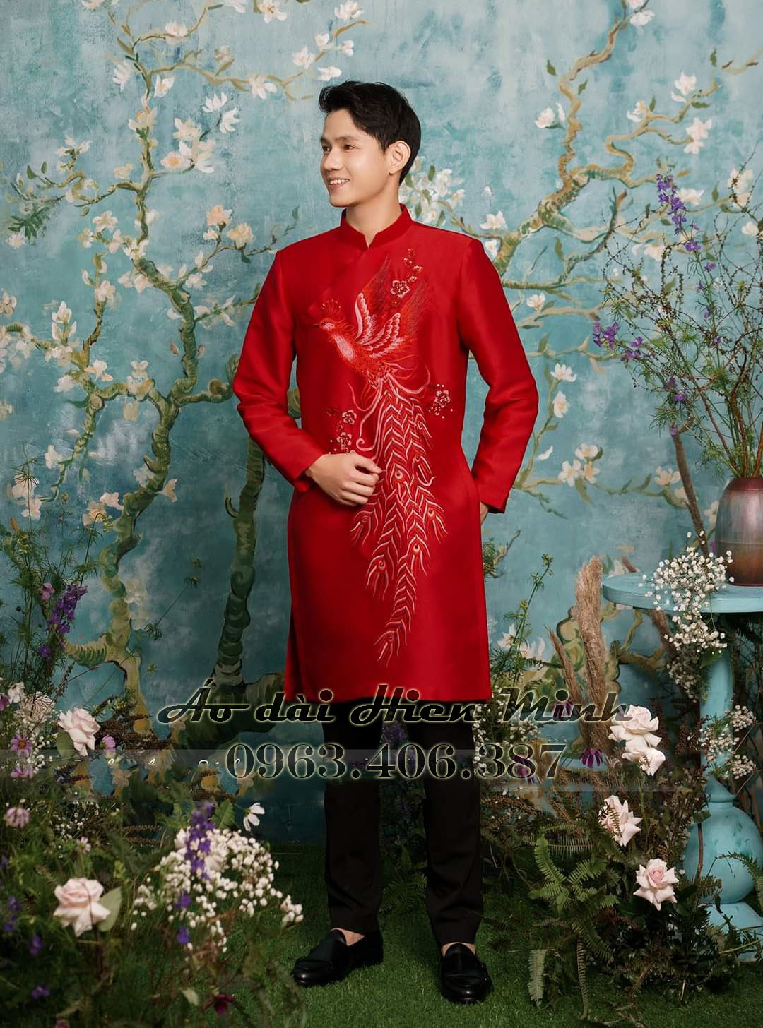 Áo dài cưới cặp đôi màu đỏ đơn giản