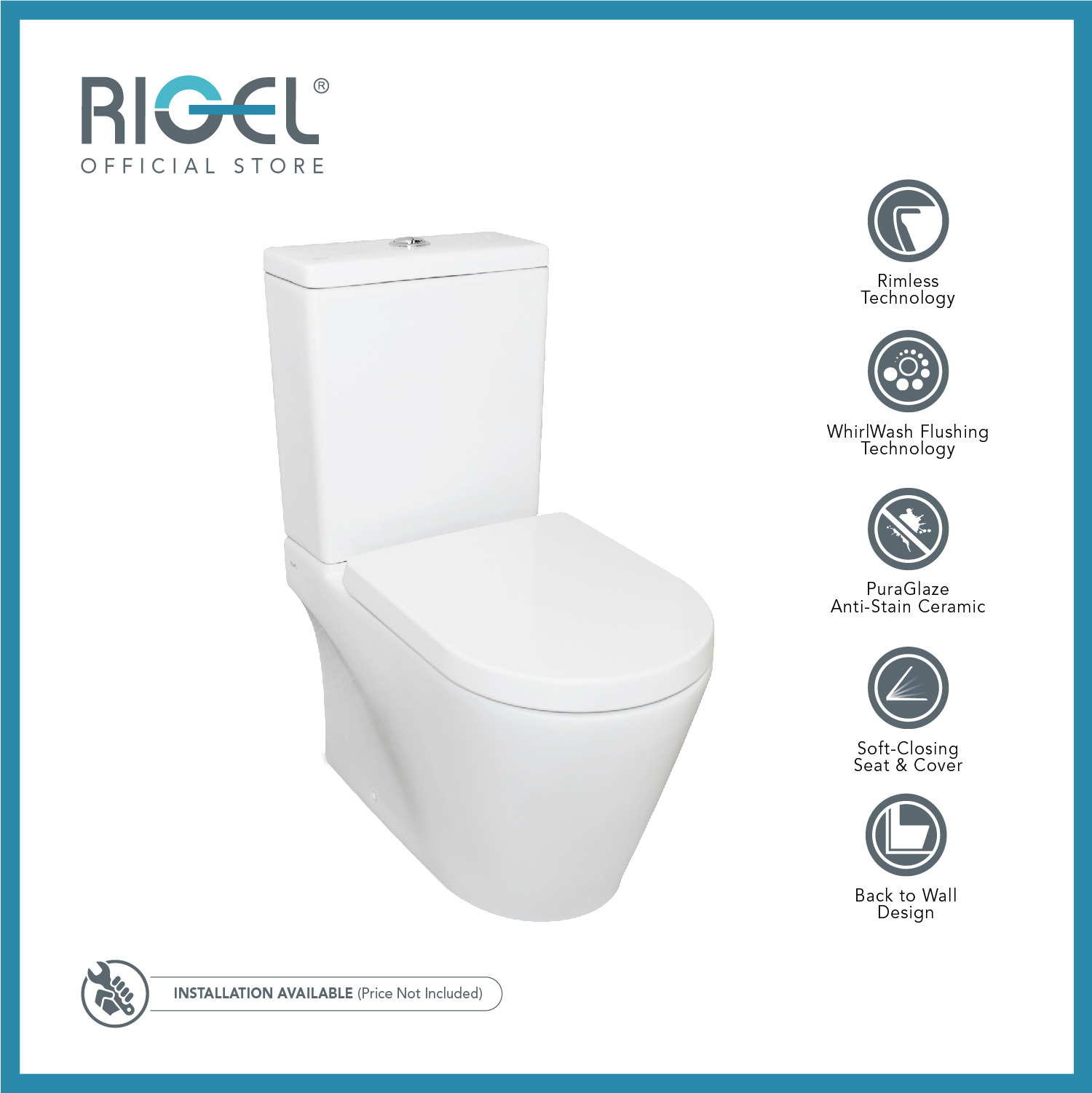 RIGEL Gallant Rimless Toilet Bowl with optional upgrade to Manual Bidet
