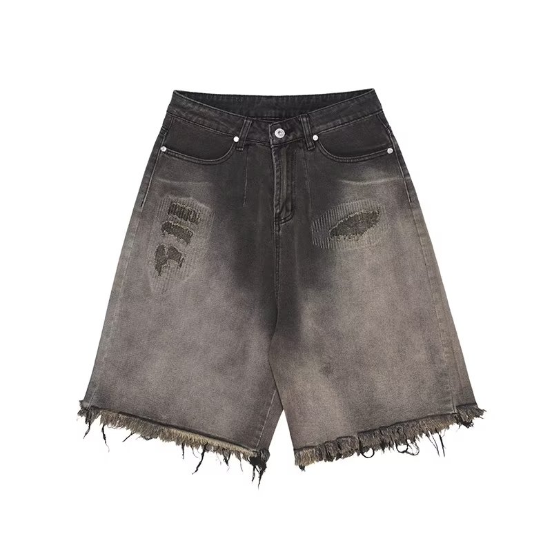 SUPEEON丨Men's shorts American high street loose shorts retro gradient distressed denim shorts frayed denim shorts
