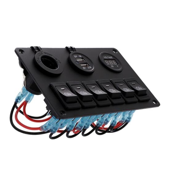 6 Gang LED Switch Panel Car DC 12V 24V Switch with Waterproof Dual USB LED Voltmeter Waterproof Switch Board Blue LED On Off Switch Board 6 Gang 12V Car Boat Circuit, Dual USB