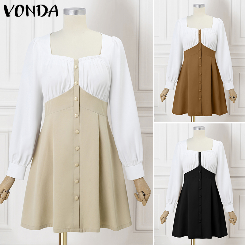 VONDA%20Women's%20French%20Square%20Collar%20Contrast%20Splicing%20Dress%20Temperament%20Puff%20Sleeve%20A-Line%20Dresses%20(Korean%20Commuting)%20#3%20-%20Image%205