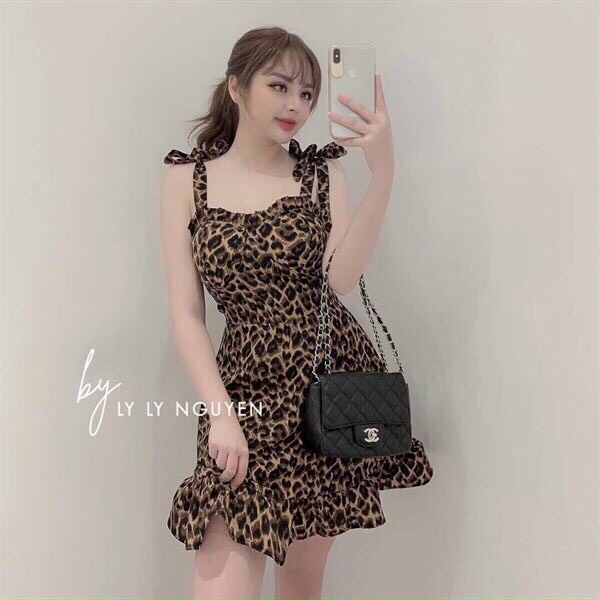 Đầm da beo nữ dáng váy xòe đuôi cá, đầm hai dây mặc đi chơi, váy xòe da beo có mút ngực chất vải đẹp như hình