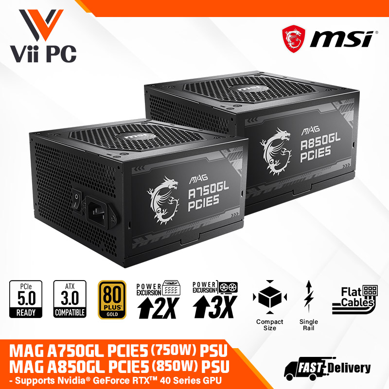 MSI MAG A750GL, A850GL PCIE5 80 Plus Gold PCIe Gen 5 Power Supply Unit -  750W, 850W