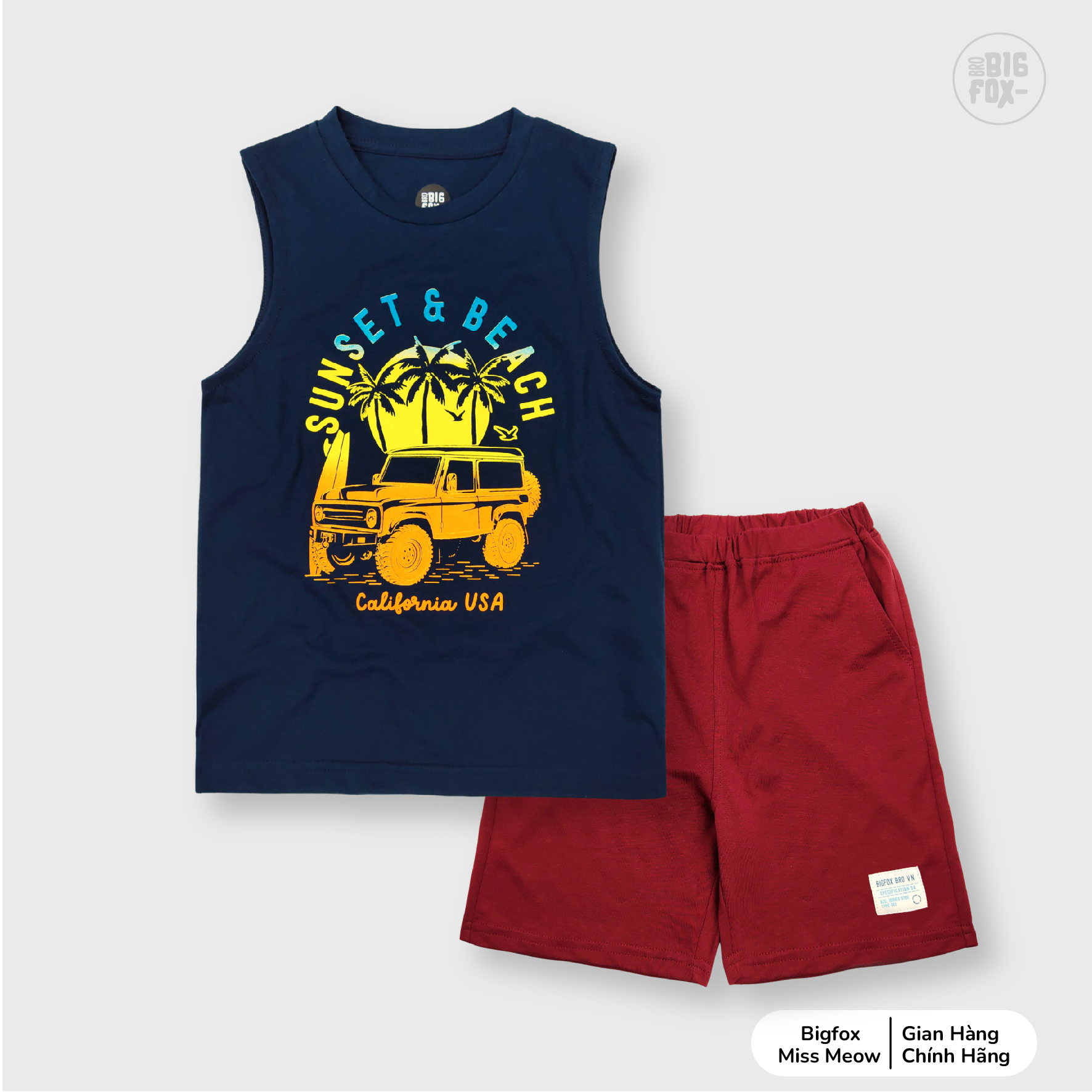 Bộ quần áo ba lỗ bé trai size đại BIGFOX - MISS MEOW chất cotton mềm mịn họa tiết in ô tô sunset size trẻ em 3,4,5,6,7,8,9,10,11 tuổi 11-40kg