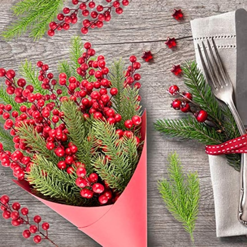 1/10 Pieces Artificial Pine Branches Christmas Holly Berries Artificial Red Berry Stems for Christmas Wreath Decorations Xmas Tree Decoration