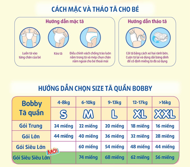 Tã quần Bobby size M 60+8 miếng (cho bé 6 - 11kg)