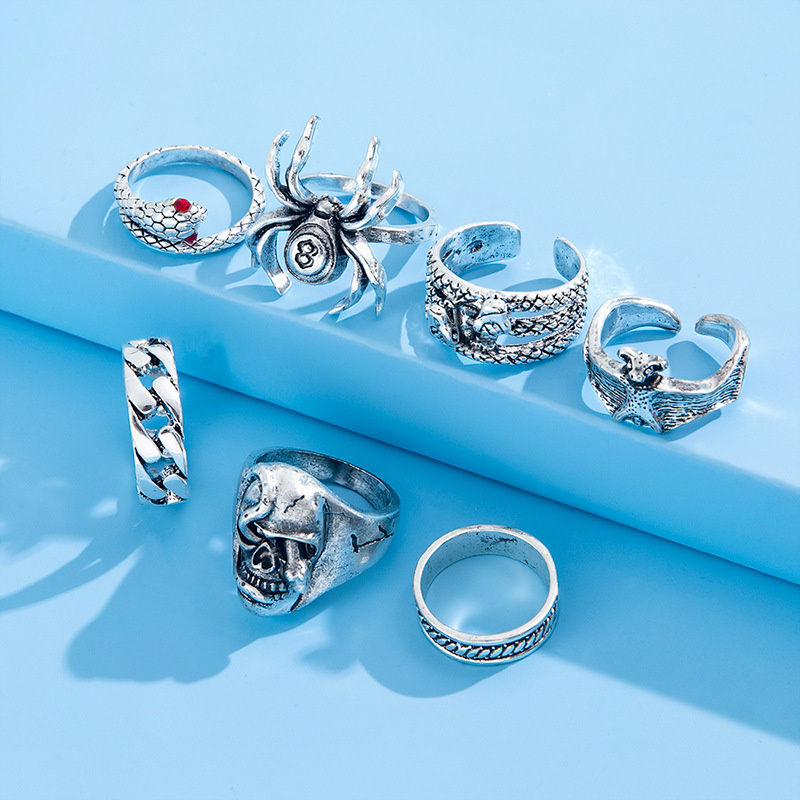 Men's Metal Finger Ring Set Of 7 Vintage Aged Spider Snake Bat Skull ...