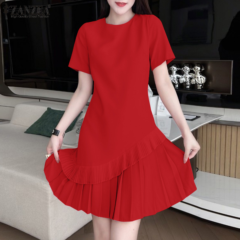 ZANZEA%20Korean%20Style%20Women's%20Dresses%20Commute%20Fashion%20Short%20Sleeve%20O%20Neck%20Patchwork%20Plain%20A-Line%20Dress%20-%20Image%203