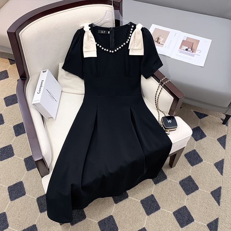Đầm bigsize nữ mập bigsize đầm dự tiệc bigsize nơ vai đính cườm cổ thiết kế thanh lịch dài qua gối đi chơi dự tiệc da044