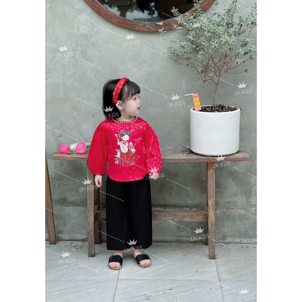 Set bà ba gấm đỏ quần lụa kèm mấn cho bé gái 8-18kg