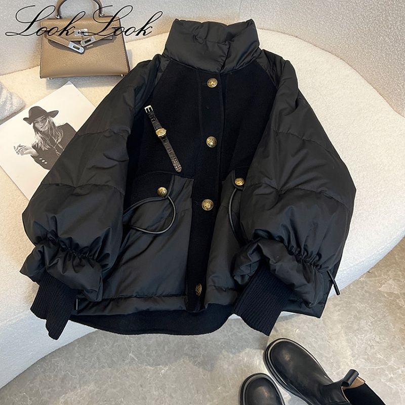 2023 Winter Black Thickened Patchwork Black Gold Down Quilted Women's Winter Slim Senior Coat Solid Color Female Coat Outwear