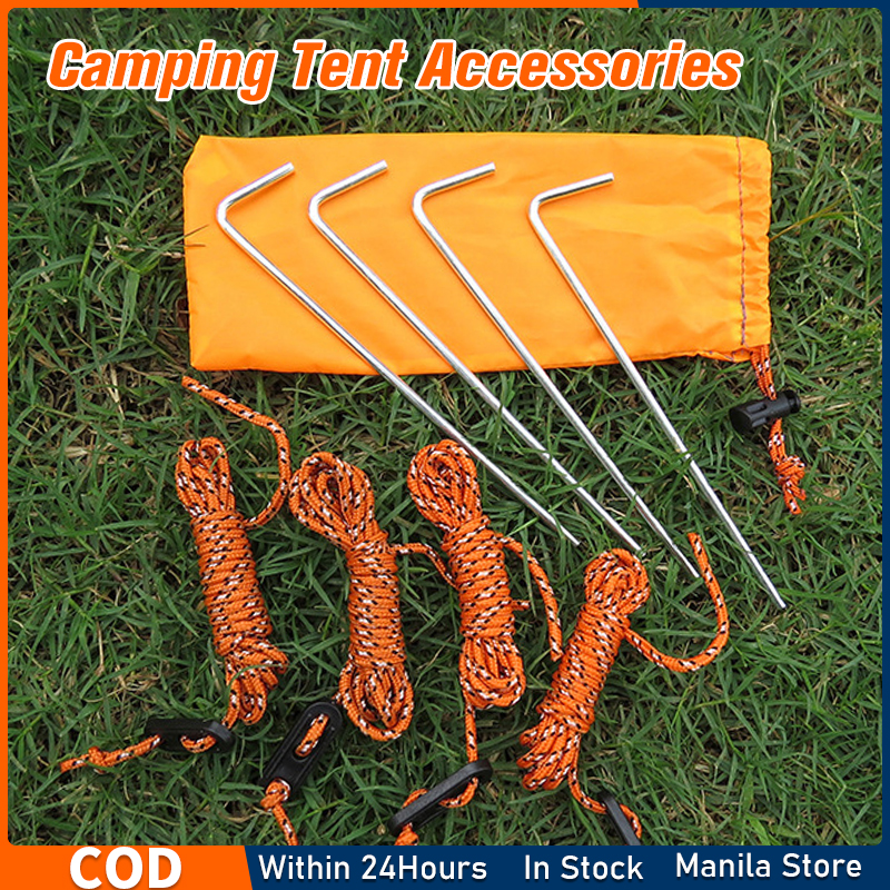 Camping Tent Accessories Set 4pcs Tent Pegs+4pcs 2m Tent Cords with Storage Bag for Pitching