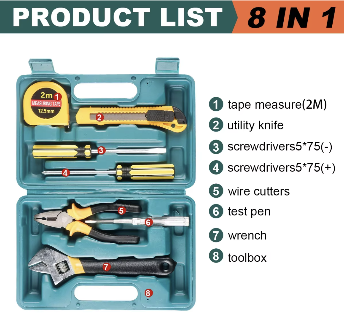 Complete 8-piece Tool Kit Professional Tool Box General Household Work Tool Box Repair Maintenance Metal Carpentry Tools. 