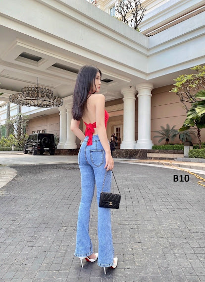 Quần jeans nữ lưng cao 2 nút ống loe dài co giãn