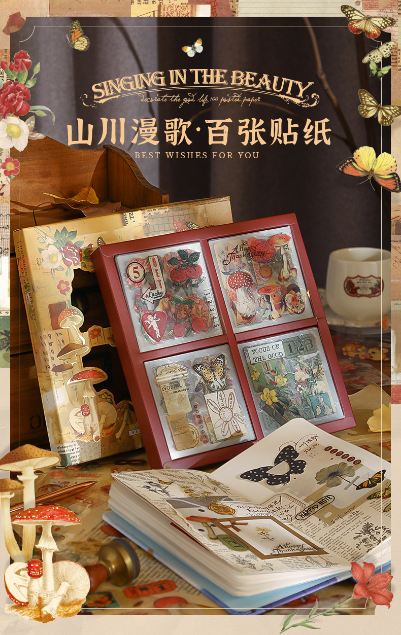 Hộp 100 tấm sticker vintage trang trí sổ