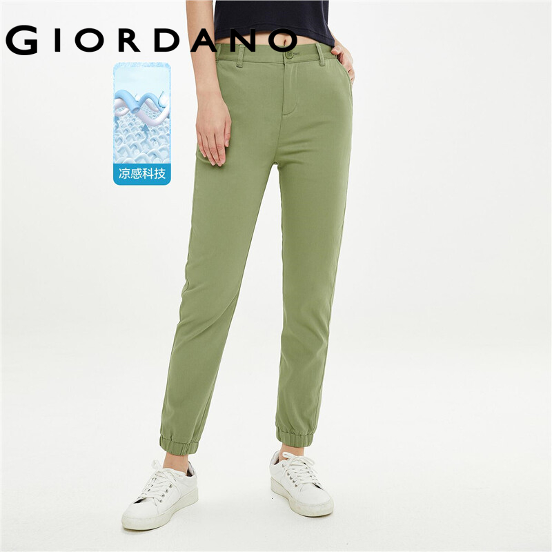Giordano Women Pants Half Elastic Waistband Stretchy Pants Lightweight Comfy Banded Cuffs Plain Quality Zip Fly Pants 05421321