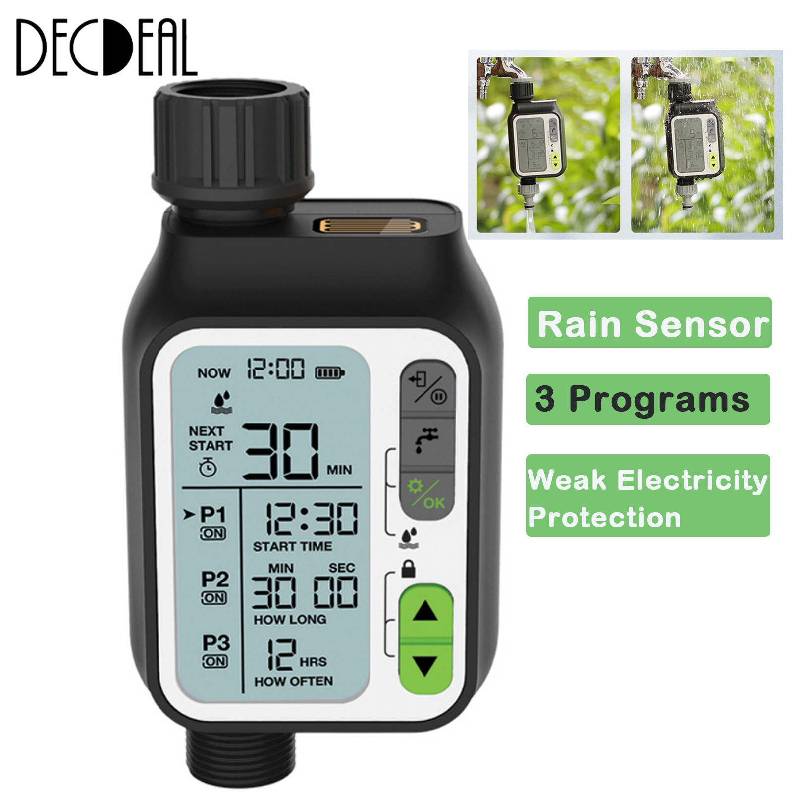Electronic Irrigation Regulator Automatic Irrigation Timer with Large LCD Screen Waterproof Sprinkler Controller 3 Separate Timing Programs Weak Electricity Protection Rain Sensor Child Lock Outdoor Garden Watering Device Irrigation Tool