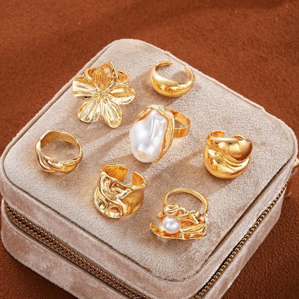 Enacolor%20Elegant%20Women%20Exaggeration%20Irregular%20Geometry%20Flower%20Ring%20Set%20Gold%20Metal%20Pearl%20Joint%20Open%20Rings%20Jewelry%20Accessories%20-%20Image%203
