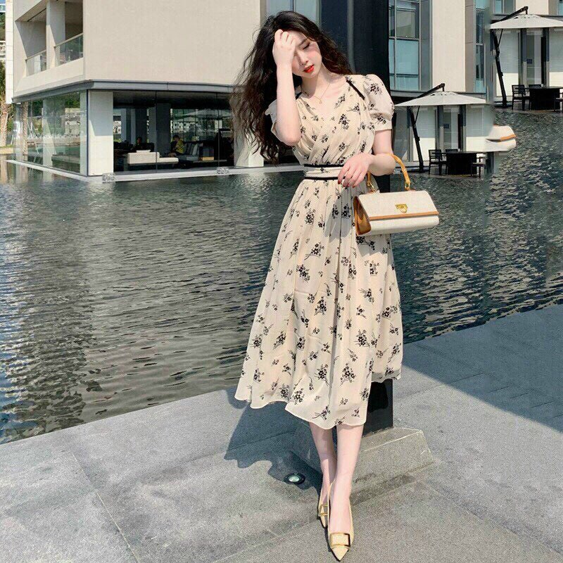 Váy hoa nhí, đầm dáng dài họa tiết hoa cúc chéo váy hoa nhí dưới 61kg_technology fashion_ma13