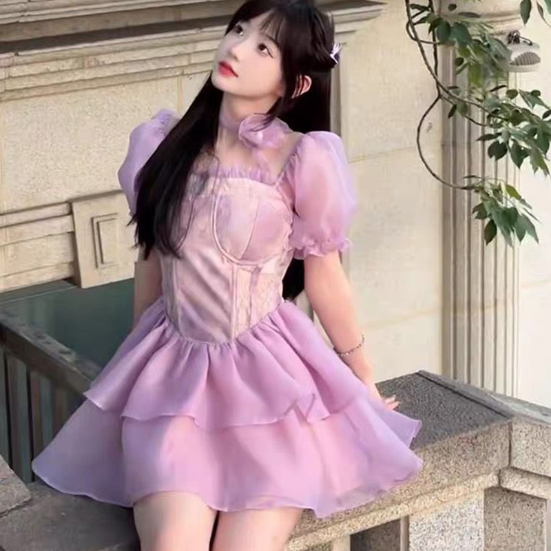 CHU MAN JIA women's purple puff sleeve dress short skirt