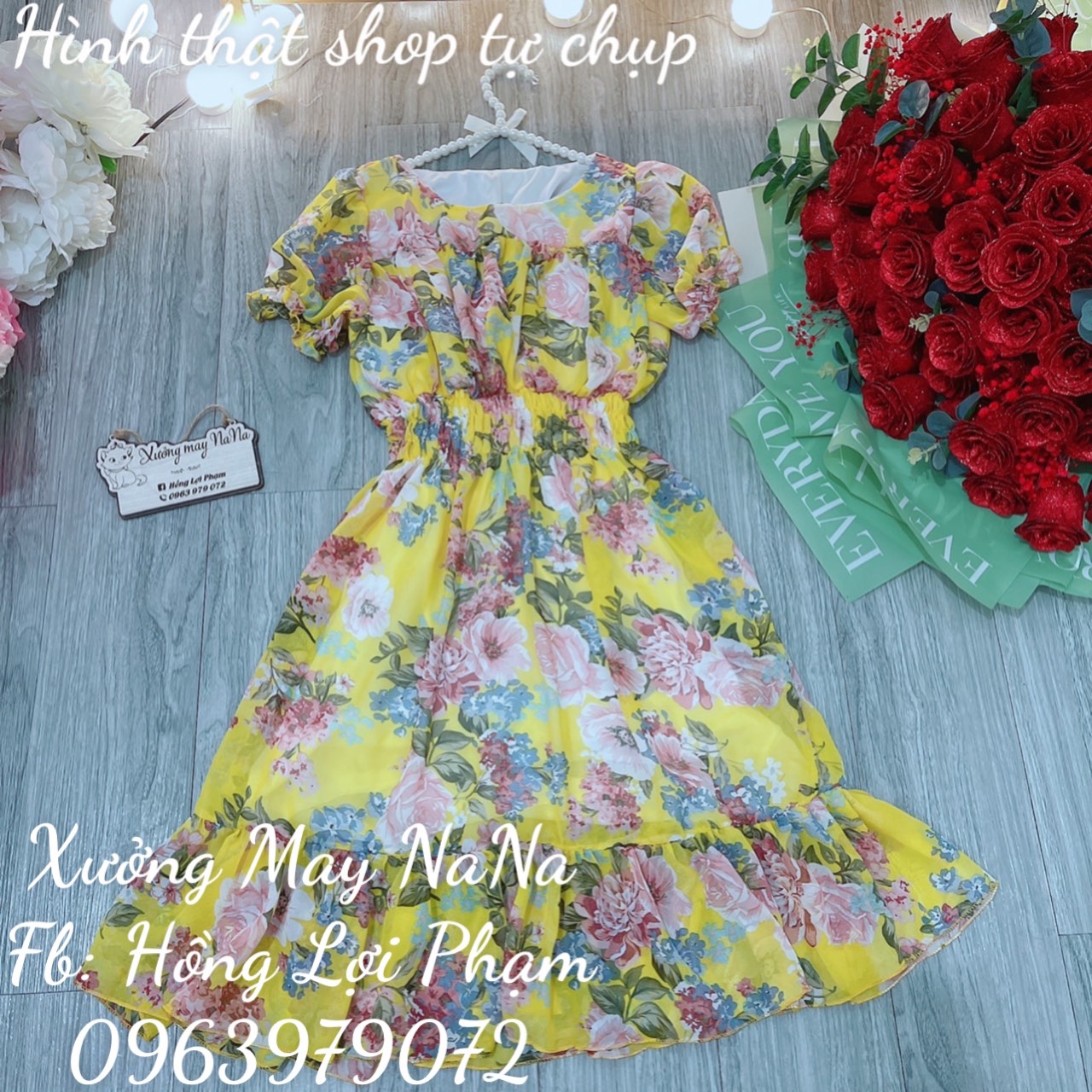 Đầm hoa nhí tay phồng đuôi cá (hình thật+video)