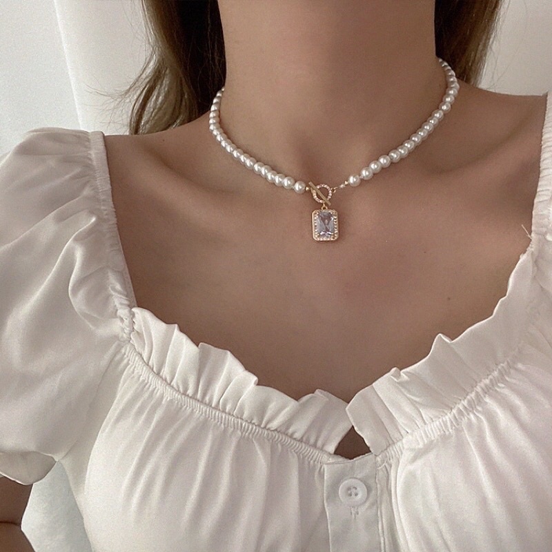 Vòng cổ ngọc trai 6-7ly phối mặt đá vuông khóa ot bạc 925 - ngọc trai trường thịnh
