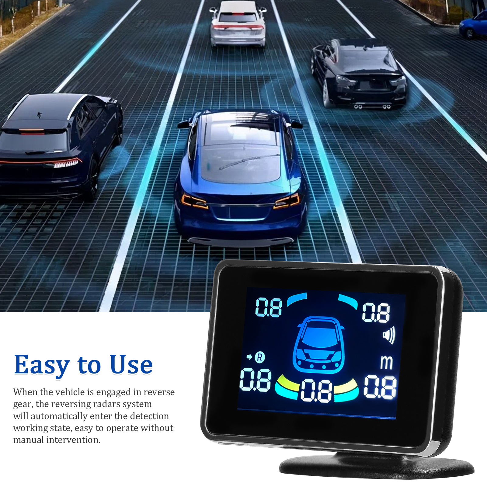 Car Parking Sensor Reversing Radars System Front & Rear Support Sound Warning/Buzzer/Mute with 8 Parking Sensors Distance Detection LCD Distance Display Volumes Adjustable