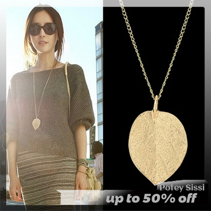 Potey Charm Graceful Shiny Golden Leaf Exquisite Pendant Necklace Long Sweater Chain