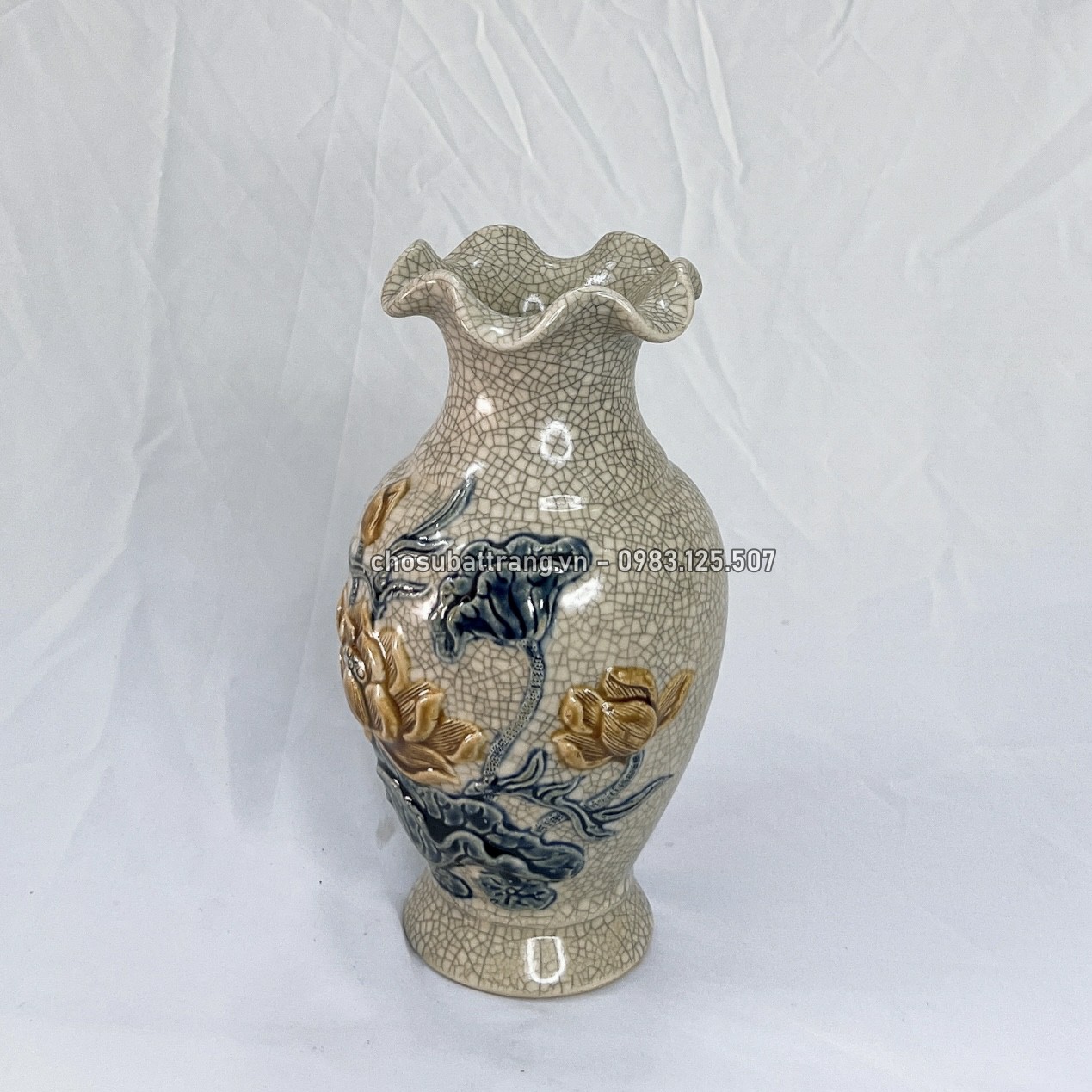 Bat Trang Worship Vase with Cracked Enamel Embossed with Lotus Flowers - Bat Trang Porcelain Market Altar Vase