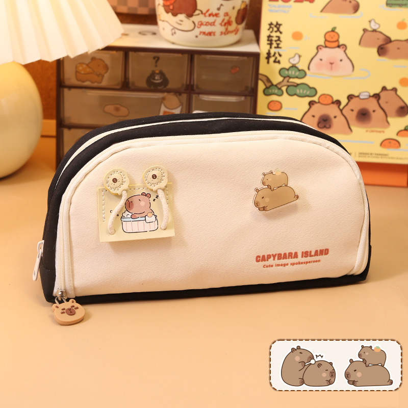 Capibala Pen Bag Multi functional Canvas Three Layer Large Capacity Pen Bag Cute and Creative Student Stationery Bag Pencil Bag
